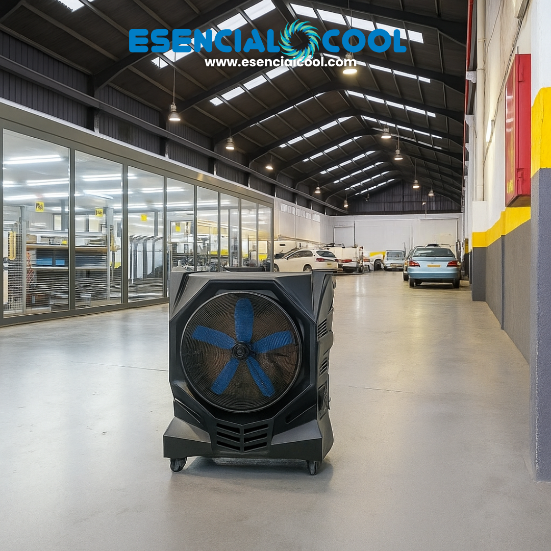 Climatizador evaporativo portátil funcionando en un taller mecánico abierto